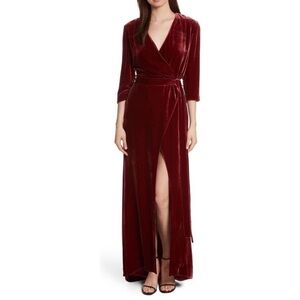 L'Agence Rosalind Velvet Wrap Maxi Dress, Ruby Burgundy w/ Front Slit - Size 4